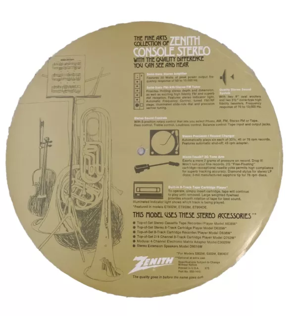 Vtg Zenith Console Stereo Promotional Turntable Platter Advertising Paper E902W