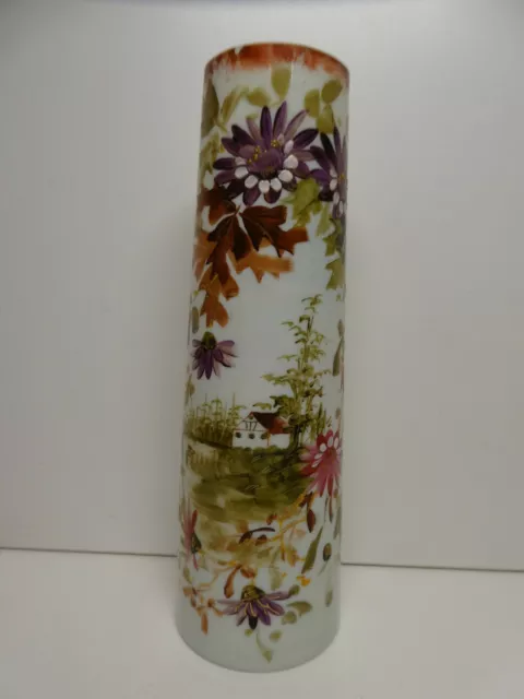 Antique Victorian White Milk Glass Vase Hand Painted Floral Flowers