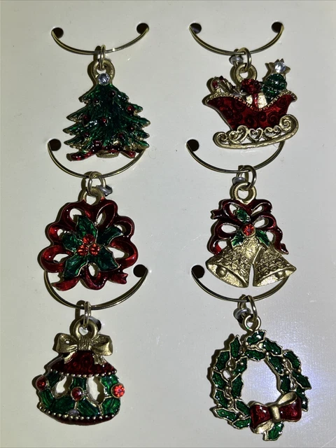 6 Victorian Collection Past Times Christmas Wine Charms Enamel Tree Wreath Santa