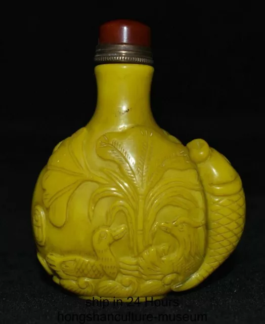 3.4" Old Chinese Natural Glaze Carved Dynasty Fish Duck Word Snuff Bottle