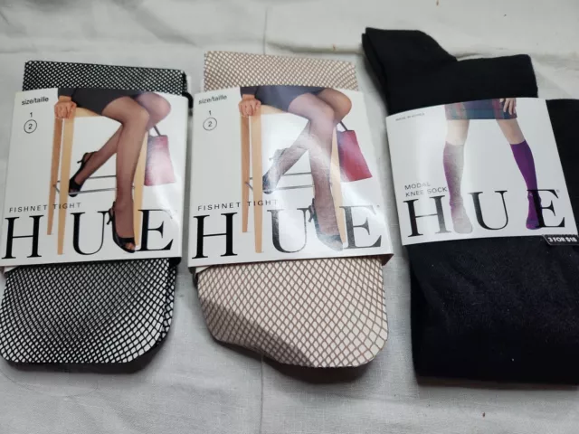 3 NEW Hue Fishnet Tights 2 L XL Womens Nude Beige BLACK KNEE SOCK IN PACKAGES