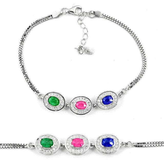 Handmade Natural Blue Sapphire Emerald Ruby 925silver Tennis Bracelet C19644
