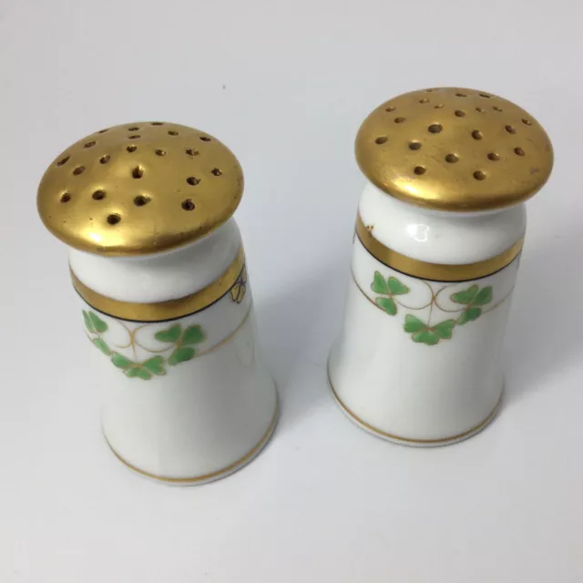 Vintage Pickard Porcelain Salt and Pepper Shakers White Gold  Clover Leaves