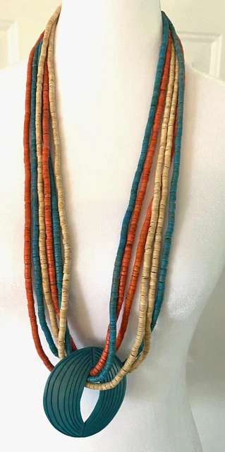 Six Strand Shell Necklace in Coral Turquoise & Ivory With  Pendant 17" Long