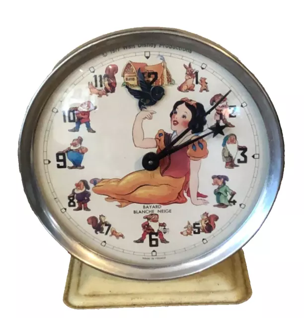 Ancien réveil animé " Bayard 1977 Walt Disney " Blanche Neige snow white clock