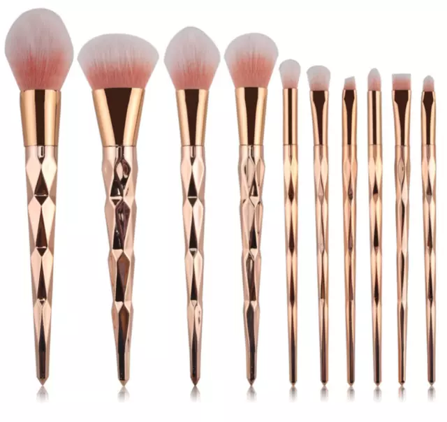 New Style10pc Diamond Cut Rose gold Full Sized Unicorn Makeup Brush Set