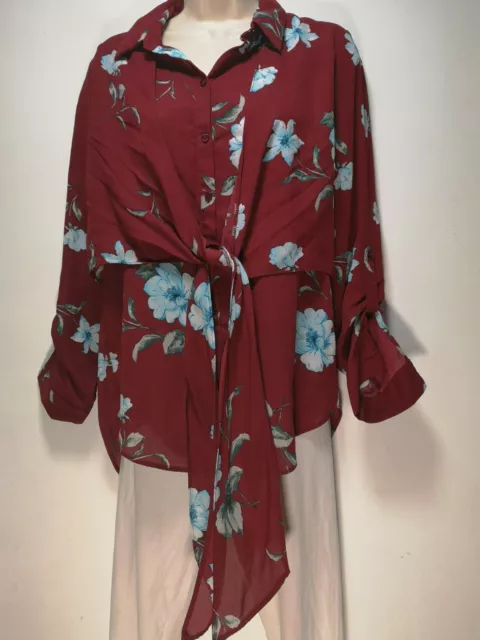 Primark Red Floral Shirt Wrap Long Sleeve Blouse - Size 12 (267y)