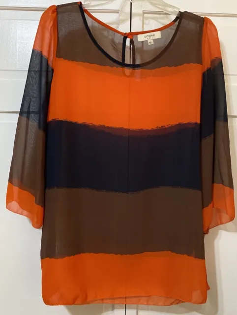 Umgee Women's Semi Sheer 3/4 Sleeve Orange & Brown Striped Tunic Top Shirt Large