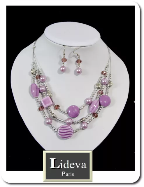 Set 2 Tlg Kette Ohrringe Schmuckset Collier Halskette Porzellan Glas Perlen lila