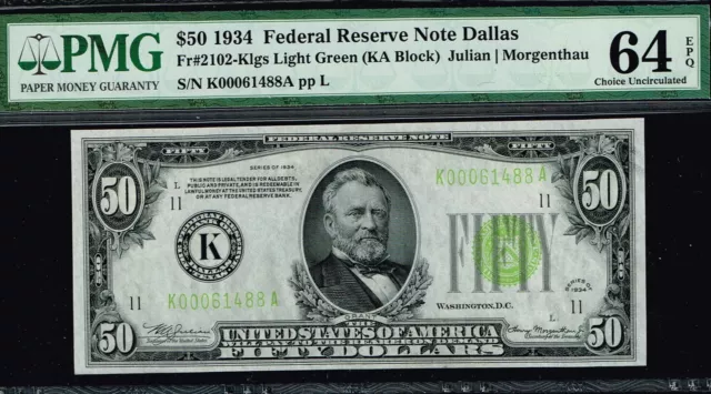 DALLAS LGS. LIGHT GREEN SEAL. $50 1934 Dallas  FRN. Fr. 2102-Klgs. PMG 64 EPQ
