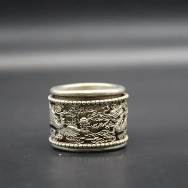 Old Chinese tibet silver handcarved Dragon Phoenix Rotatable Finger Ring Q81
