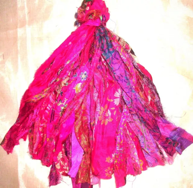 LOT PURE SILK Antique Vintage Sari TASSELS JOURNAL 50 STRAND Magenta #ABGUV