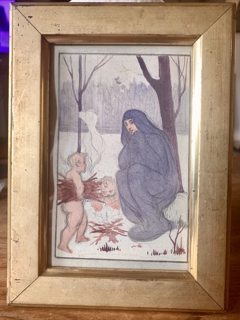 Paire De Dessins Anciens à L'encre – Style Cubiste – Thème : Femme Au Jardin / Nature Morte