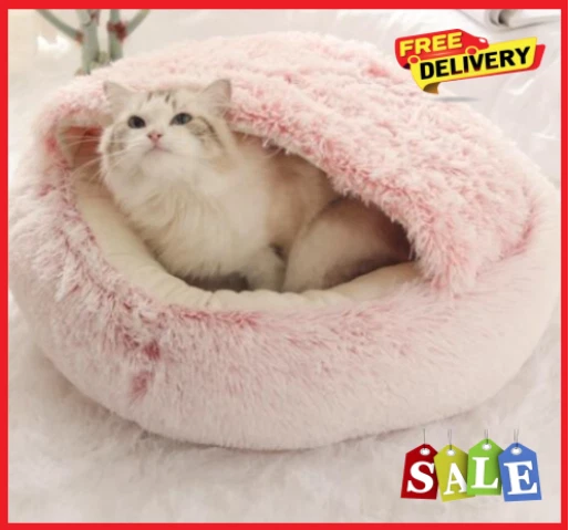 Pet Dog Bed Cat Bed Cave Round Plush Fluffy Hooded Cat Bed Donut Self Warming
