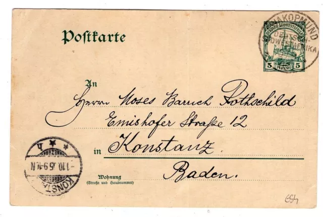 DSWA 1905 SWAKOPMUND Bedarfskarte an Rothschild Konstanz (AA3381