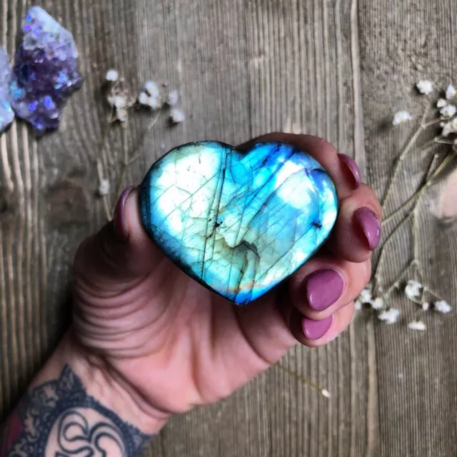 Natural Crystal Heart Moonstone Polished Labradorite Stone Healing Energy Reiki