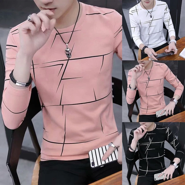 Uomo Casuale a Righe Maniche Lunghe T-Shirt Ragazzi Slim Rotondo Collo Al Sedere
