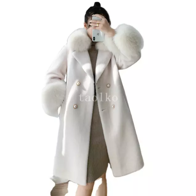 Women's Double Breasted Real Fox Fur Lapel Collar Lamb Fur Wool Long Trench Coat