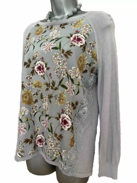 OASIS S/10 Vgc Grey Floral Chiffon Front Lace Trim Knit Jumper 2