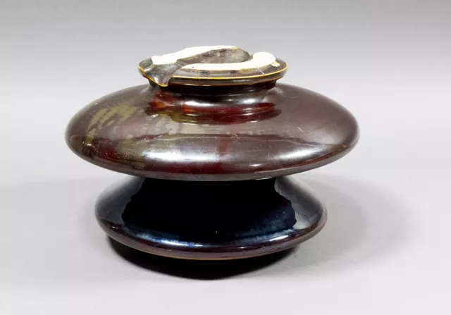 Large 9.25" Brown Glazed Porcelain Groove Top High Voltage Two Tier Insulator