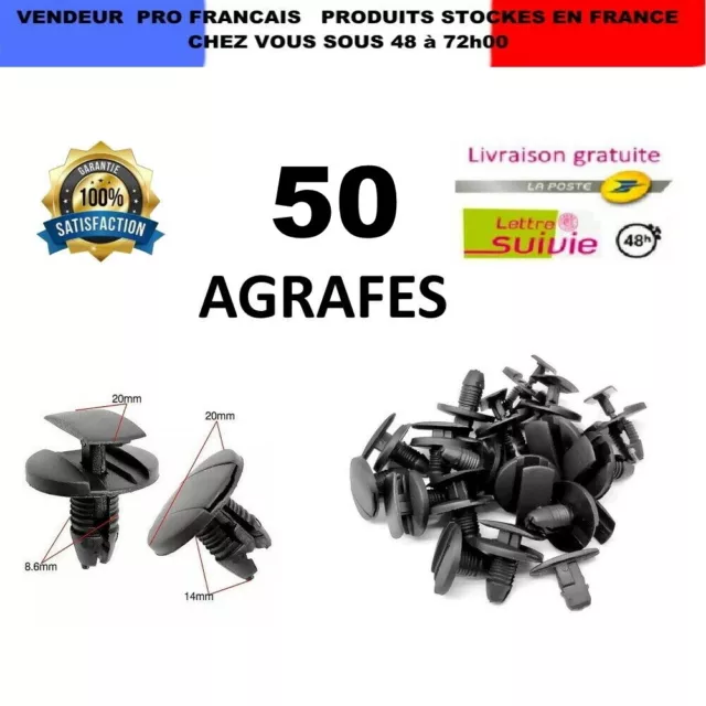 50  Agrafe, Rivet de Fixation PEUGEOT/CITROEN/RENAULT Clips Pare-Boue Pare-choc