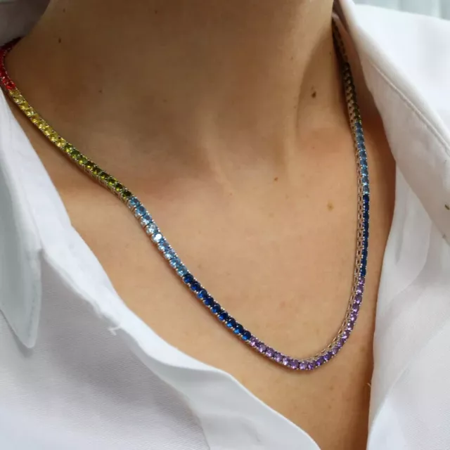 3mm Lab Created Multi Dia Rainbow Tennis Necklace 14K White Gold Plated Silver