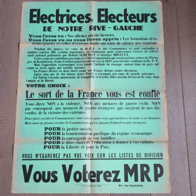 Vintage Plakat 1950 Mrp Volksrepublikanische Bewegung Wahl Am Linken Ufer