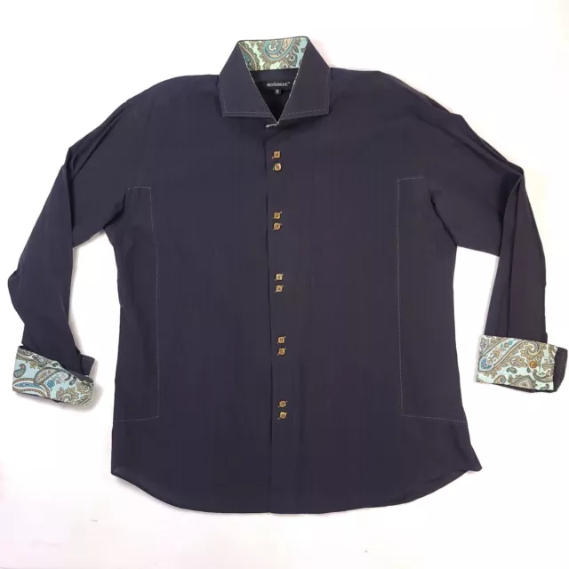 Bogosse Solid Blue Men's 6/XXL Long Sleeve Button Up Shirt Paisley Cuff & Collar