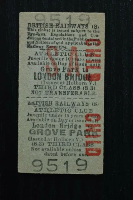 British Railway Ticket 9519 GROVE PARK to LONDON BRIDGE MAY 1953 ATHLETIC CLUB