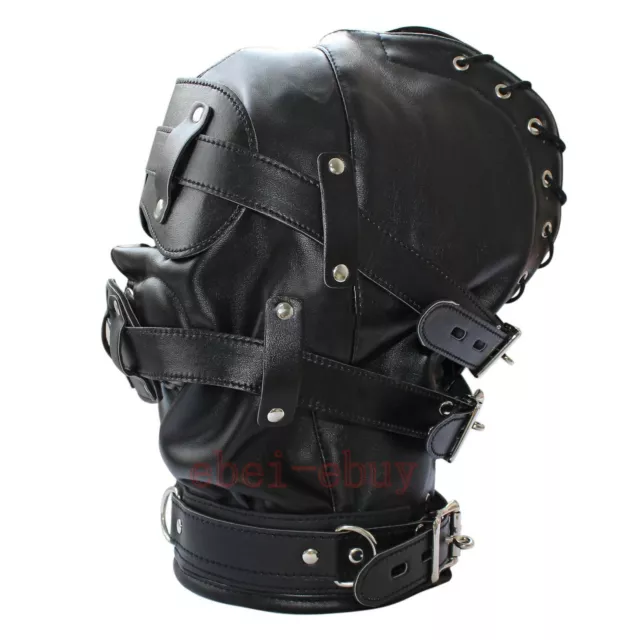 Cappuccio bondage morbido finta pelle gimp / maschera deprivazione sensoriale bavaglio benda UK