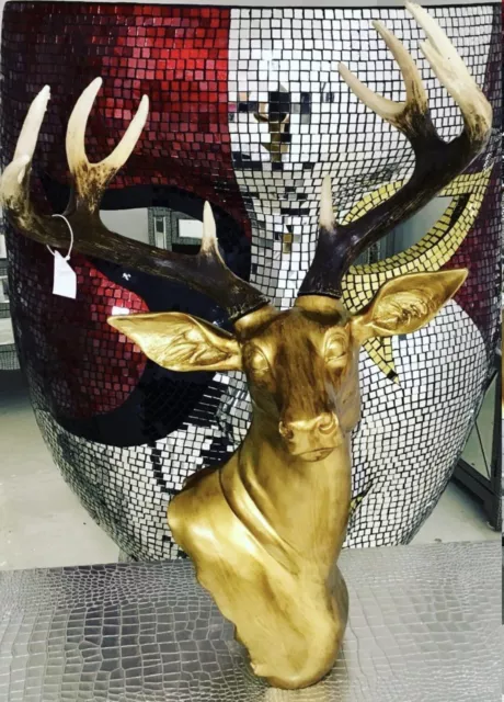 Large Stag Deer Head Sculpture Wall / Floor Standing Statue Gold Colour