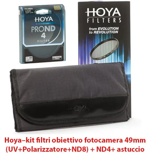 Hoya–kit filtri obiettivo fotocamera 49mm (UV+Polarizzatore+ND8) + ND4+ astuccio