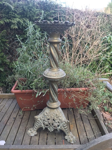 Antique French Brass Candle Prickett Stick Very Large 20” Victorian Gold Altar