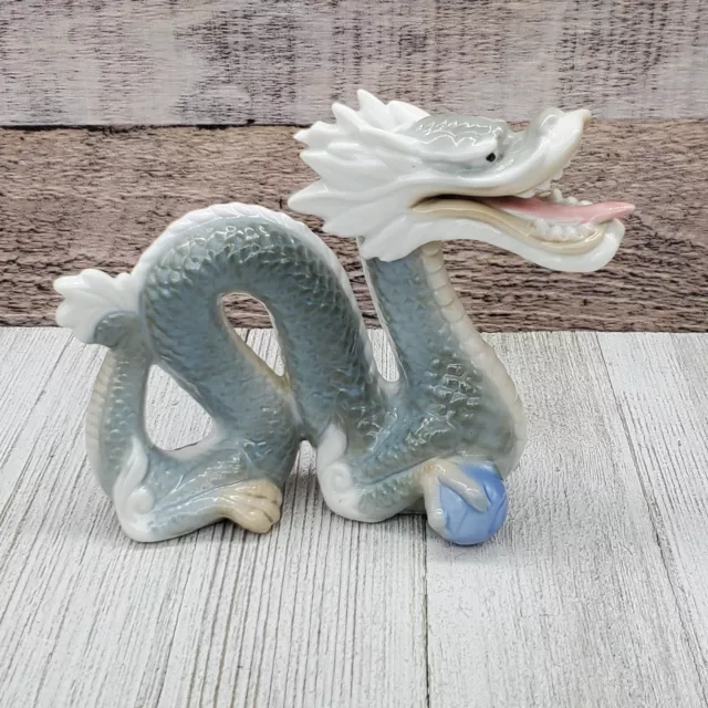 Yoshimi K Porcelain Horned Foo Dragon Figurine w/Blue Sphere Gray 5X4 Lucky