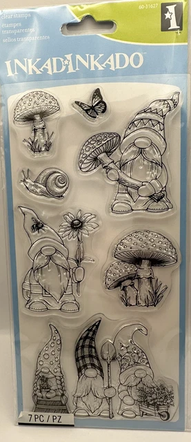 Inkadinkado Clear Rubberstamps unmounted  Garden Gnome theme 7 pieces NEW! 40014