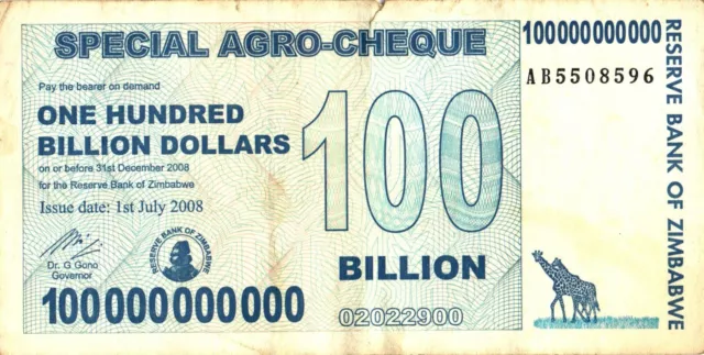 10 Zimbabwe 100 Billion Special Agro Cheque banknote 2008, P-64 USED COA! 3