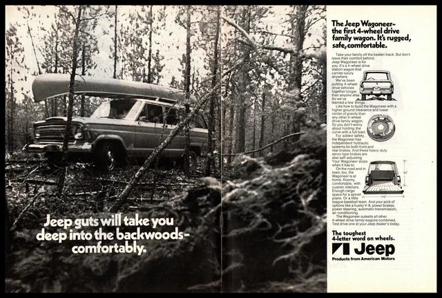 1970 AMC Jeep Wagoneer 4-Wheel Drive V-8 Engine Carrying A Canoe 2-Page Print Ad