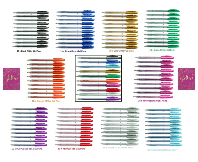 10 x Linc Shine Sparkled GLITTER Gel Pens 0.7 mm FINE Tip 10 colours All Colour