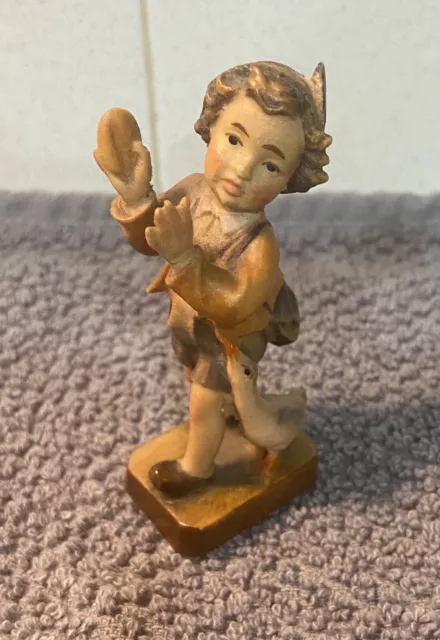 3 1/4” tall ANRI Boy with Duck Wooden hand carved Statue Figurine