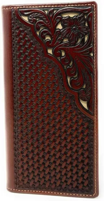 Western Genuine Leather Tooled Laser Cut Basketweave Men's Long Bifold Wallet in