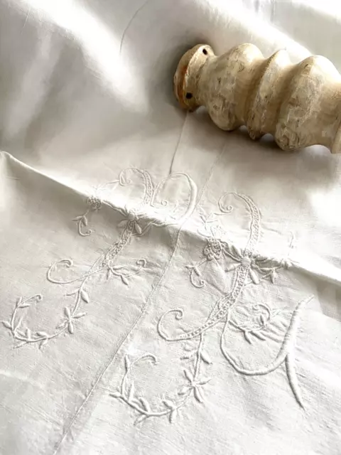 Antique French greyish LINEN FIL TROUSSEAU sheet CENTRAL SEAM PL mono c1850