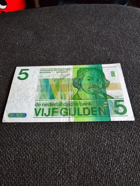5 Gulden Netherlands Banknote,ND(1973),P-95, Queen Juliana, F-VF Condition.