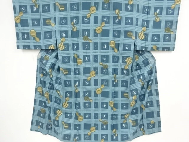 37660# Japanese Kimono / Antique Hitoe Mens Kimono / Gourd & Shogi Piece