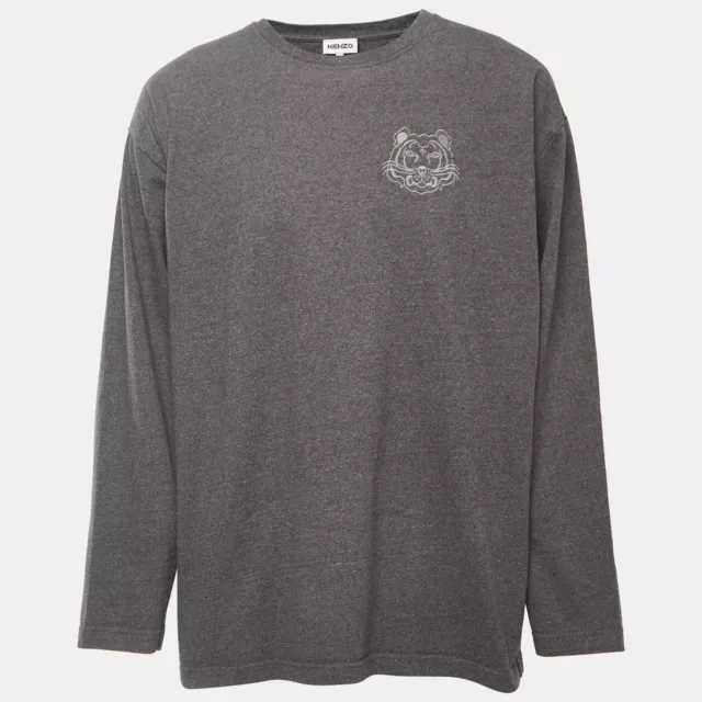 Kenzo Grey  Logo Embroidered Cotton Crew Neck Sweatshirt L