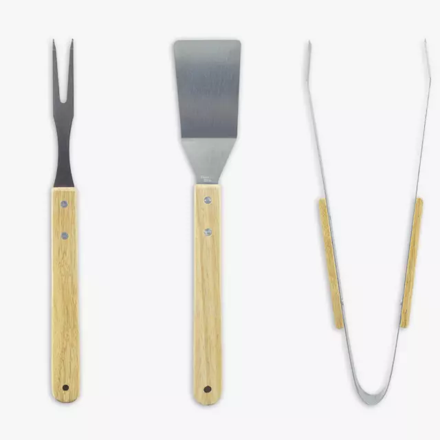 Set 3pz Utensili per Barbecue Pinza Paletta e Forchetta in Acciaio Inox e Legno