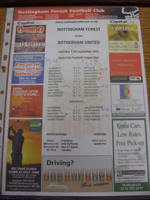 17/09/2005 Colour Teamsheet: Nottingham Forest v Rotherham United (Folded, match