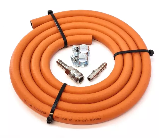 LPG Gas Hose 8mm ID + Hose Clips + Inline Quick Connectors BBQ & Patio Heaters
