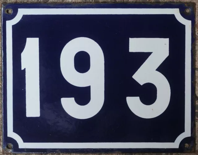 Large old blue French house number 193 door gate plate plaque enamel sign NOS