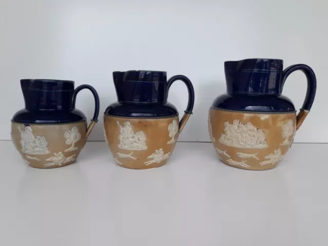 Antique Doulton Lambeth Harvest/Hunting Jugs Set Of Three in Rare Cobalt Blue