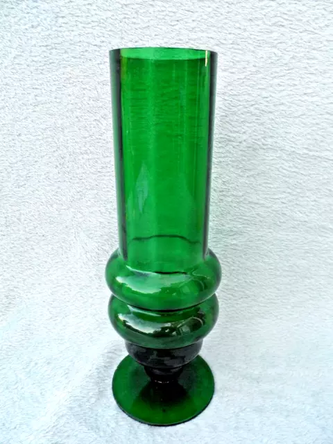VINTAGE ITALIAN? GREEN GLASS HOOPED CHIMNEY VASE 10 1/2" TALL PERFECT c1960's